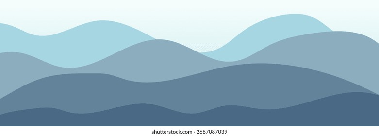 wooden table in front of the mountains and fog on blue background. Natural concept. Soft blue backdrop. copy space for the text. illustration design style. 