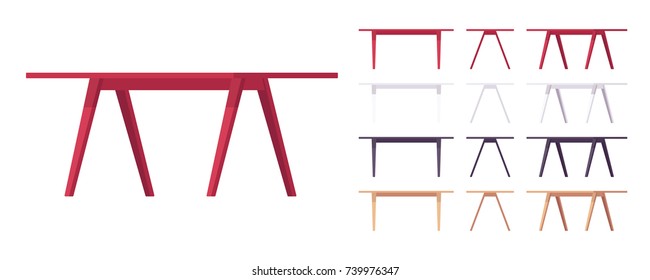 Wooden table furniture set. Effective piece of decor with simplistic design, home study or office desk. Different colors, positions. Vector flat style cartoon illustration isolated on white background