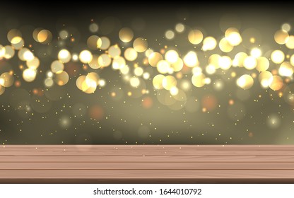 wooden table with gold light abstract background
