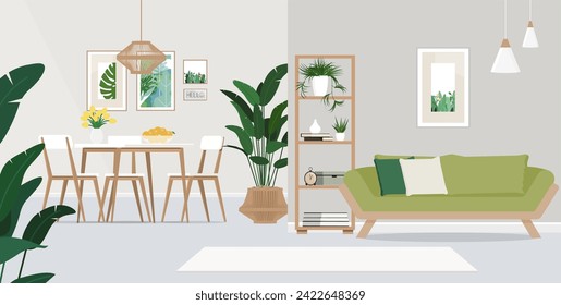 Wooden table and green couch in spacious living room interior with plants and lamps.