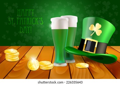 Wooden table with green hat, green beer and golden coins - St.Patrick?s Day wish. Vector illustration.