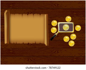 Wooden table with him lying on the parchment, coins and a magnifying glass