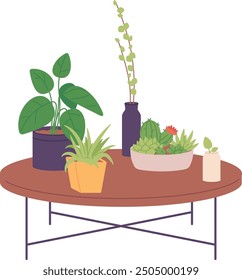 Wooden table with houseplants. Flowerpots for urban green garden isolated on white background