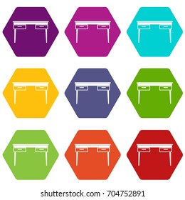 Wooden table icon set many color hexahedron isolated on white vector illustration