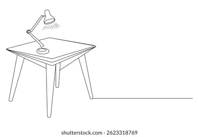 Mesa de madera con lámpara continua de una línea de dibujo