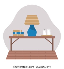 mesa de madera e interiores planos de lámpara