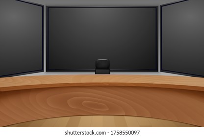 wooden table and lcds background in the news studio room	