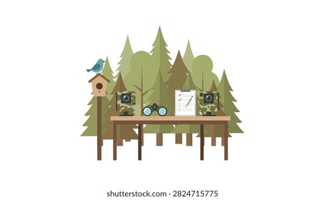 Wooden table located in a forest setting displays binoculars, a clipboard with a checklist, and two camouflage patterned wildlife cameras near a birdhouse.