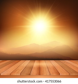 Wooden table looking out to a view of a sunny landscape