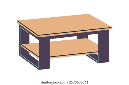 Wooden table with a modern design featuring a lower shelf, illustrated in a minimalist graphic style on a white background. Furniture concept. Vector illustration