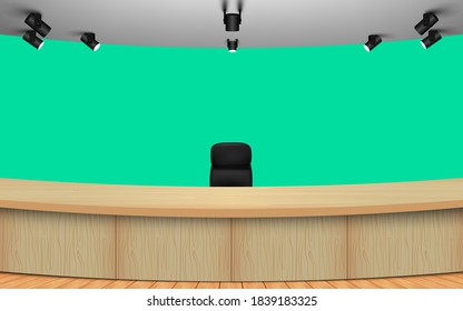 wooden table in news studio room with the green background