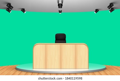 wooden table in news studio room with the green background