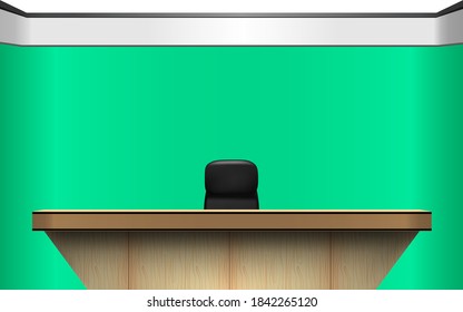 wooden table in news studio room with the green background