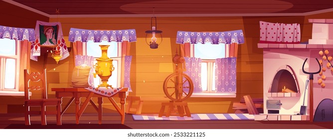 Wooden table in old russian farm kitchen interior vector illustration. Home oven in country cottage. Rural furniture and samovar for traditional tea cooking. Vintage carpet in poor hut environment