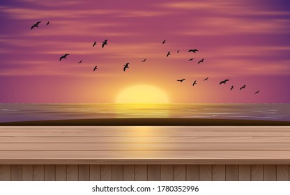 wooden table on the beach in the morning
