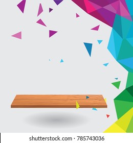 Wooden table on colorful geometric background.  Can be adapt to Brochure, Annual Report, Magazine, Poster, Corporate Presentation, Portfolio, Flyer, Banner, Website