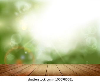 Wooden table on defocused blurred natural background. Template for advertising. Stock vector illustration.