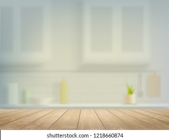 Wooden table on a defocused kitchen bench interior background. Stock vector illustration.