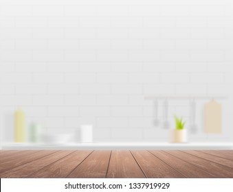 Mesa de madera sobre un fondo interior de cocina desenfocado. Ilustración vectorial.