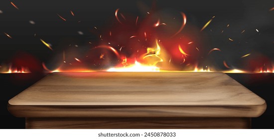 Wooden table on flame and smoke background. Vector realistic illustration of grill menu backdrop with wood desk surface, fire burning in dark oven, sparkles flying in air, restaurant banner template