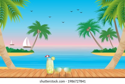 wooden table and palm tree on the beach in the summer