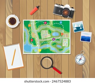 Wooden table with paper map. Photo camera and photos, notepad with pencil, compass, marker, coffee cup, magnifying glass. Planning trip. Vector illustration in flat style