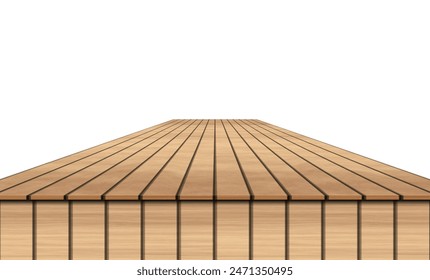 Vista en perspectiva de mesa de madera, superficie de madera de escritorio marrón, cocina o escritorio de oficina hecho de fondo aislado de material ecológico. Elemento de diseño de mesa, Ilustración vectorial 3d realista