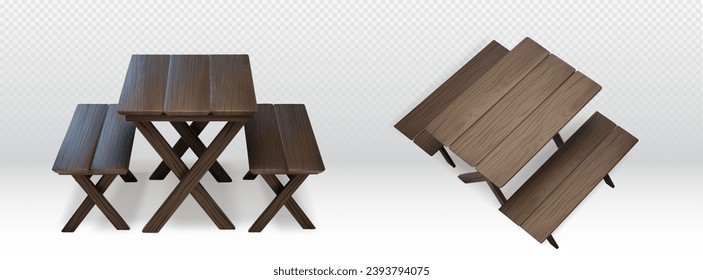 Wooden table for picnic with benches on sides. Realistic 3d vector illustration set of garden furniture made of dark wood for barbecue or lunch outdoor. Desk with long seats for camping and dining.