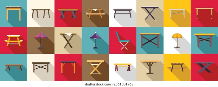 Wooden table picnic icons set. Colorful flat design icon set featuring various styles of camping and picnic tables, chairs, and umbrellas