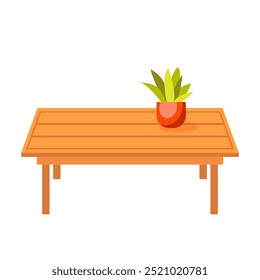 Mesa de madeira com planta em vaso em design plano. Pequena mesa de café com tábuas. Ilustração vetorial isolada.