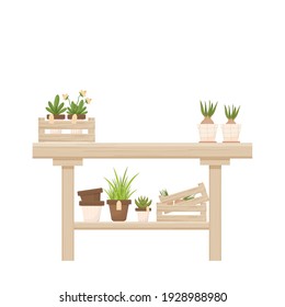 Wooden table with potted plants, flowers, florist shop, orangery decoration in cartoon style isolated on white background. Gardening, seeding element, advertising composition. Furniture for interior.