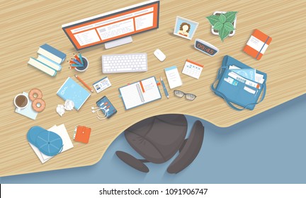 Wooden table with recess, chair, monitor, books, notebook, headphones, phone, keyboard, calendar, paper, coffee, photo, donuts, bag, pot, cap. Modern and stylish workplace. Vector Top view