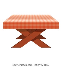 Wooden table with a red checkered tablecloth is perfect for enjoying a meal outdoors