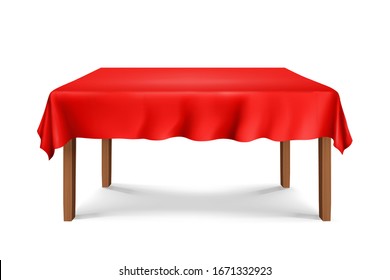 Tabla de madera con manteles rojos.Tabla limpia rectangular vacía aislada en fondo blanco.muebles para interiores, ilustración vectorial