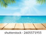 Wooden table sea background. Beach boardwalk wood planks floor ocean view horizon blurred seascape, realistic pier tropical nature travel tour backdrop, exact vector illustration