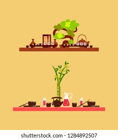 Wooden table serving with decorative green plant. Service for two, board with sushi, teapot and japanese dishes, chinese tableware and food vector