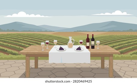 Wooden table set with wine bottles and glasses in a vineyard with grape clusters.