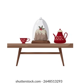 Uma mesa de madeira exibe uma sobremesa festiva sob uma cúpula de vidro, acompanhada por uma xícara de chá com bolinhas vermelhas e bule de chá. O cenário é ideal para uma reunião de férias acolhedora.