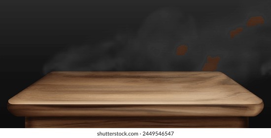 Wooden table with smoke. Wood texture dining desk surface and realistic steam backdrop. 3d rustic display board side view for presentation design. Cafe countertop show stand with blank space and fog