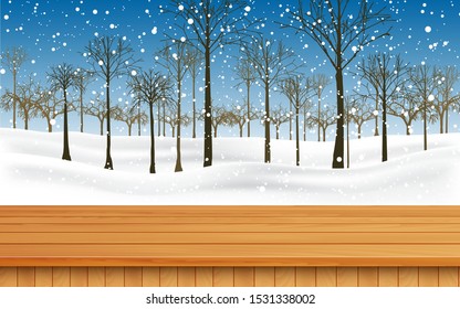 mesa de madera con fondo de bosque de nieve