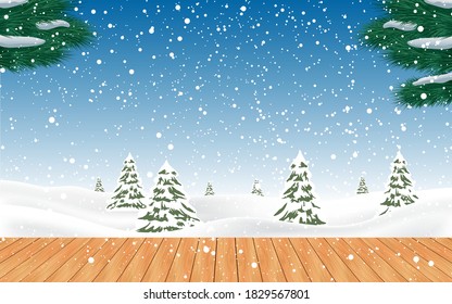 wooden table with snow landscape background