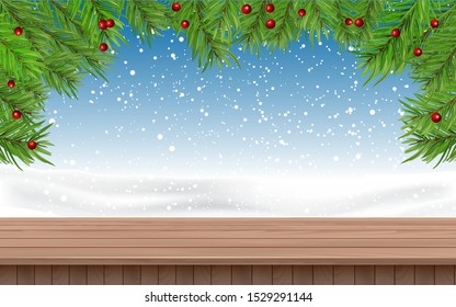 wooden table with snowing background