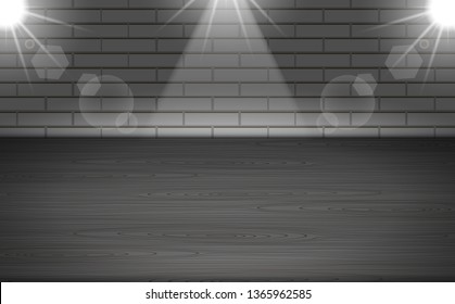 wooden table and spotlight at the white brick wall
