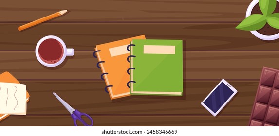 Wooden table with stationery. Student notebooks, smartphone, cup of tea or coffee and chocobar. Education concept, studying, writing, vector background