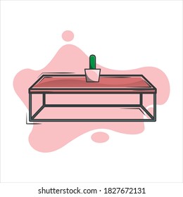 Wooden table with steel frame vector on pink liquid background