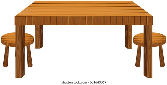 Wooden table and stools on white background illustration
