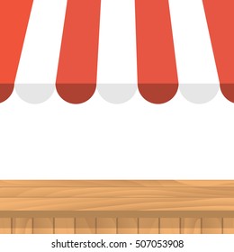 Wooden table with striped awning. Market stall. Shopping background. Template for sale and advertising of products on white. Street showcase. Local market. Vector illustration flat design.