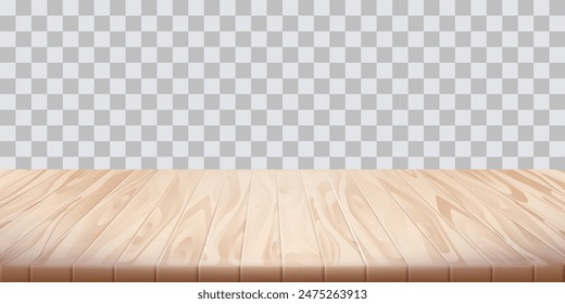 Wooden table surface on transparent background. Empty space table. Tabletop advertisement backdrop. Food picnic design element