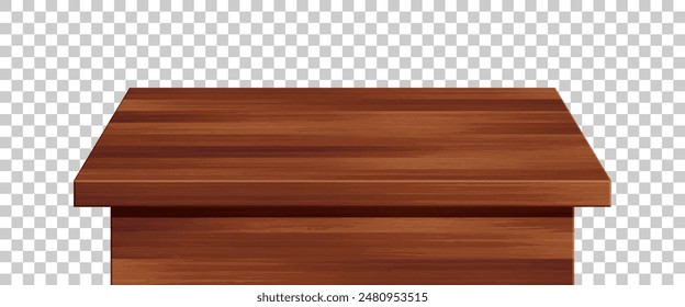 Vista en perspectiva de la superficie de mesa de madera. Vector realista mesa marrón oscuro aislado sobre fondo transparente. elemento de diseño de interiores 3d. Tablero de madera superior, tablero de madera para maqueta, diseño, Plantilla.