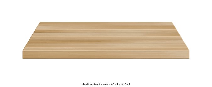 Wooden table surface perspective view. Vector realistic light brown plank tabletop isolated on white background. 3d interior design element. Wood board top, timber board shelf for mock up, design.